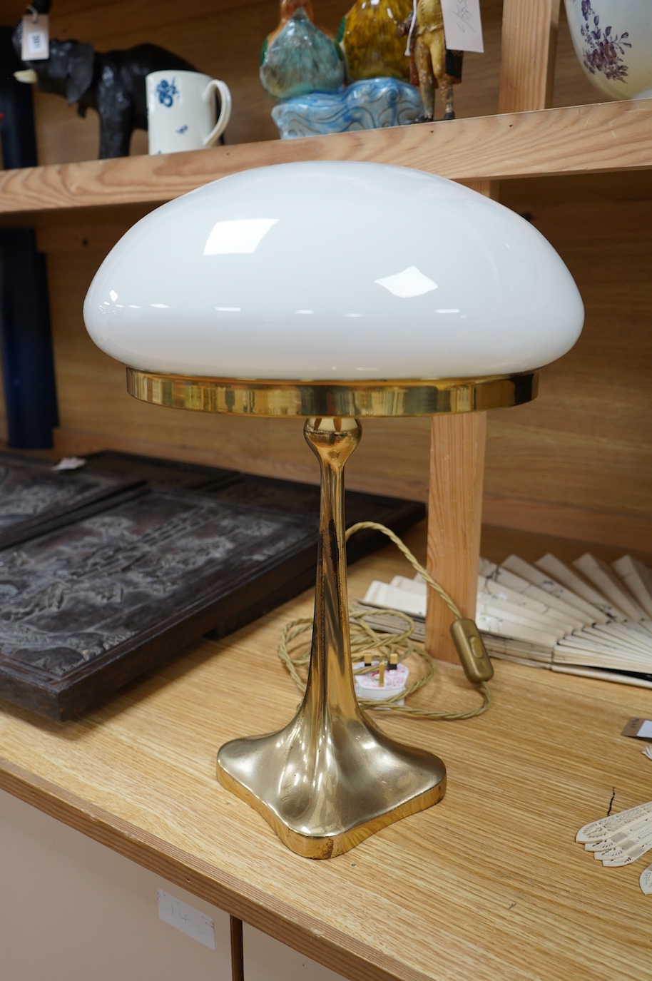 An English Retro brass mushroom style table lamp with opal shade, wired, 41cm high. Condition - good.